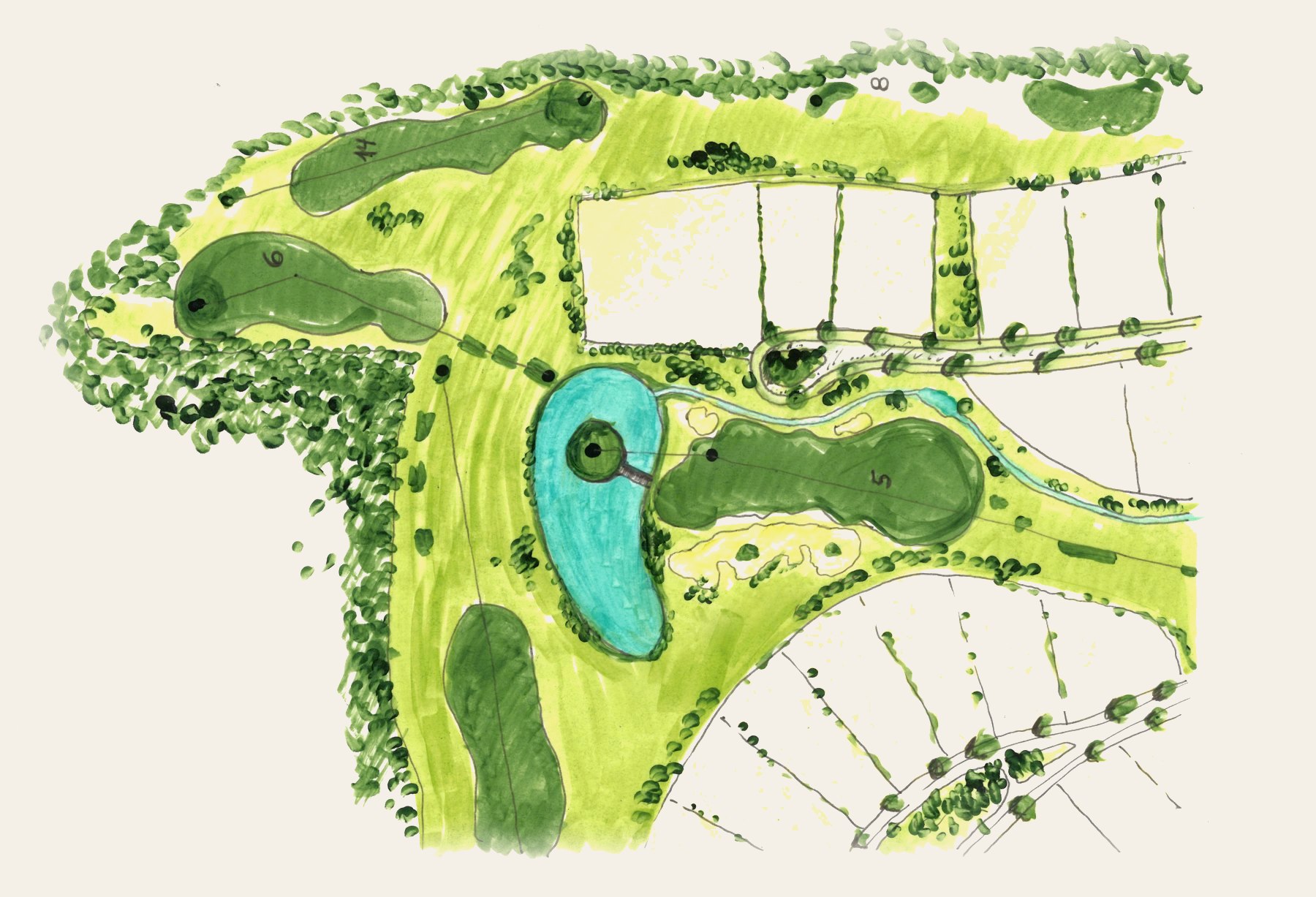 Planta desenhada à mão do campo de golfe entre os lotes, com lago, buracos numerados e faixas de mata