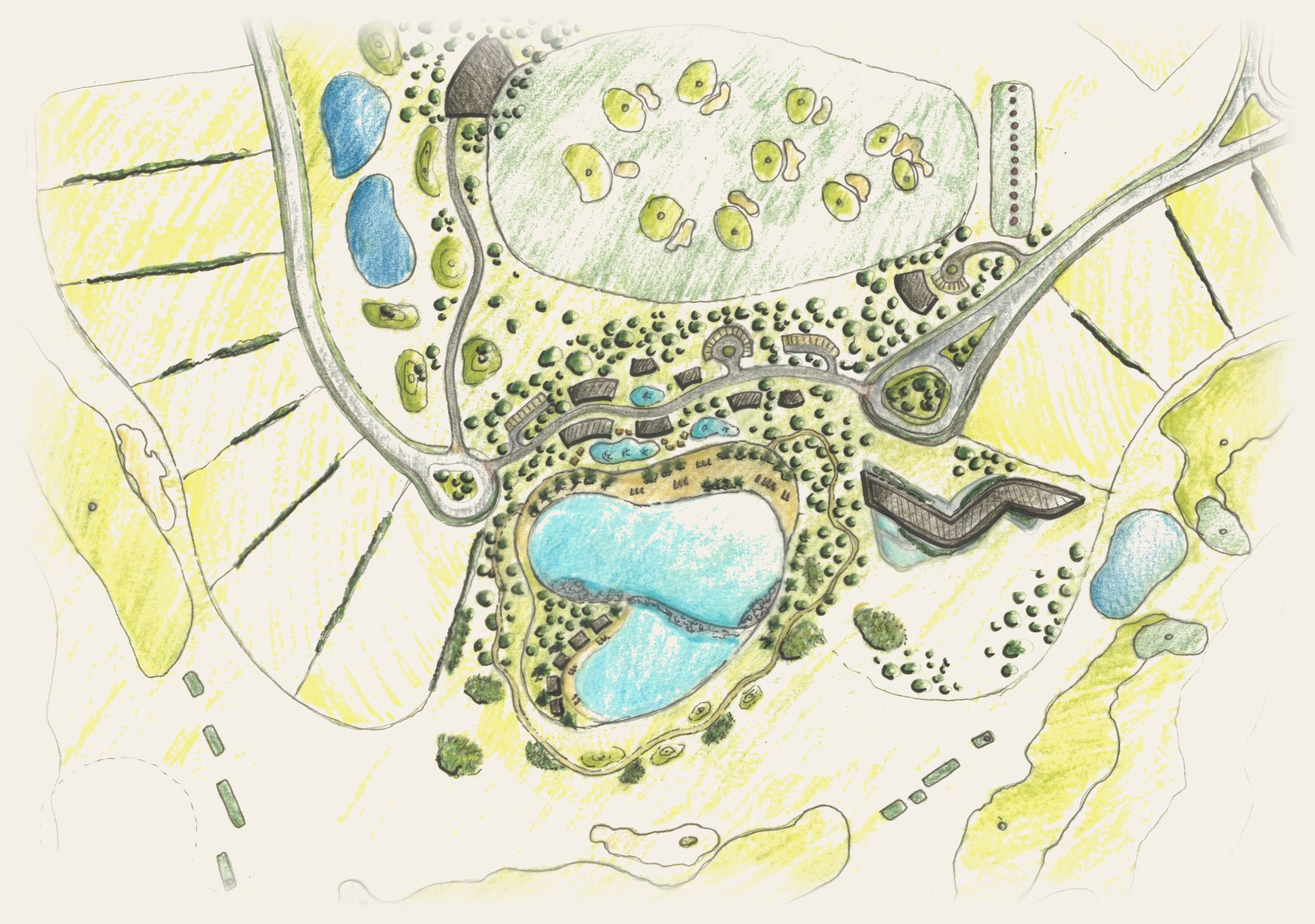 Planta de implantação desenhada à mão, em lápis de cor: club house, lagos, caminhos, áreas comuns e campo de golfe entre a mata
