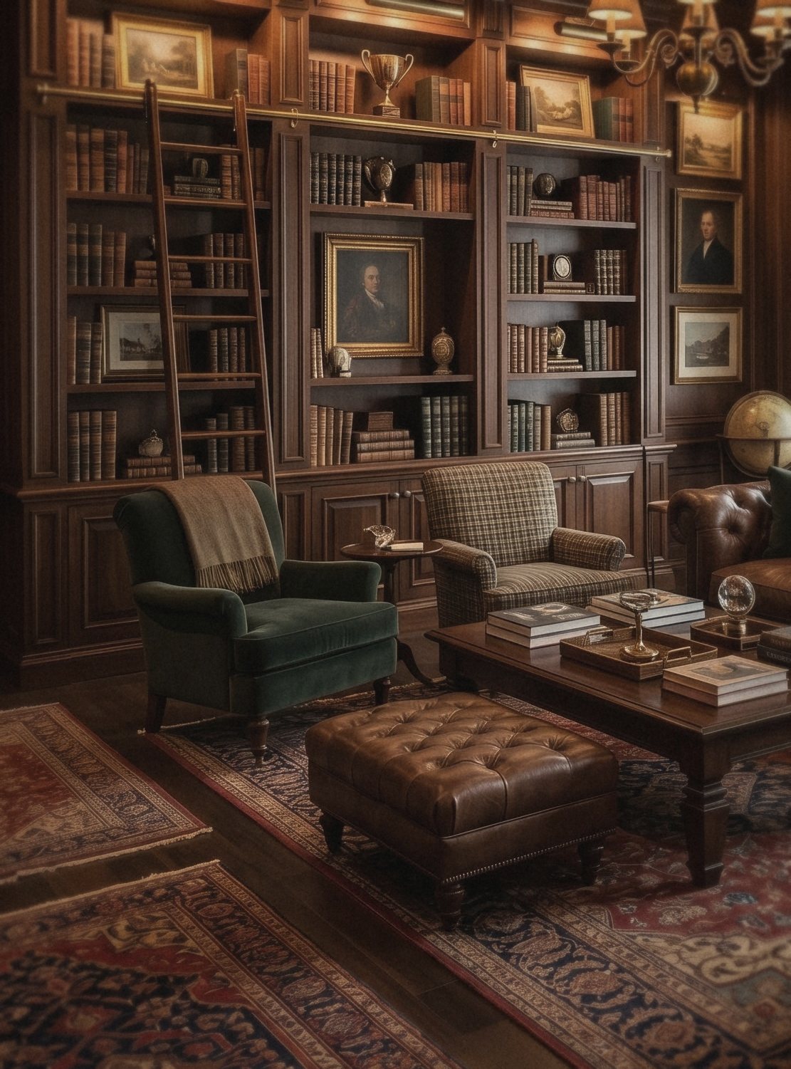 Canto de biblioteca com estantes de madeira, escada de livros, poltrona de veludo verde com manta e pufe de couro sobre tapetes persas