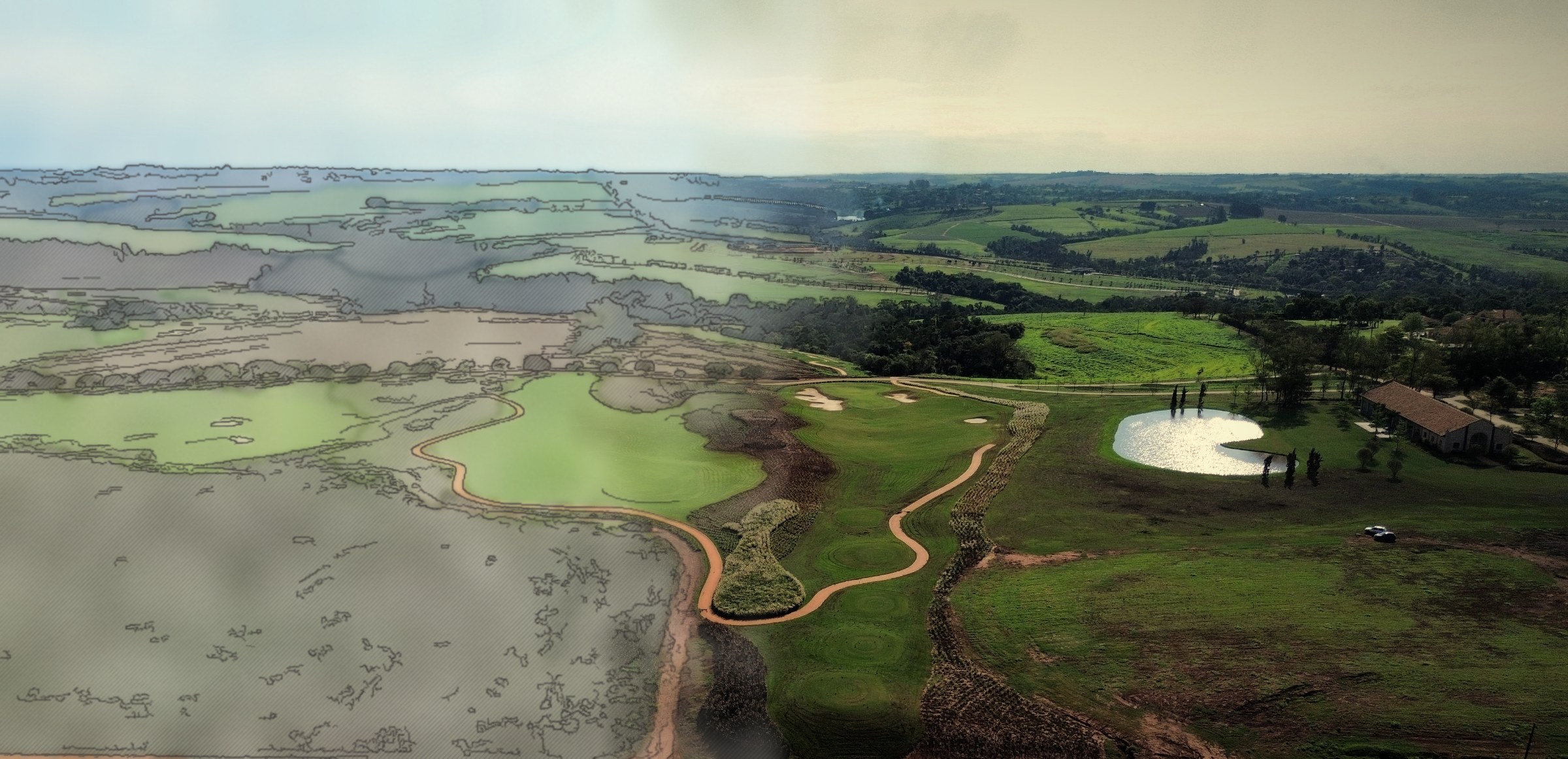 Vista aérea do Heritage Campo: campo de golfe, lago e a sede entre colinas
