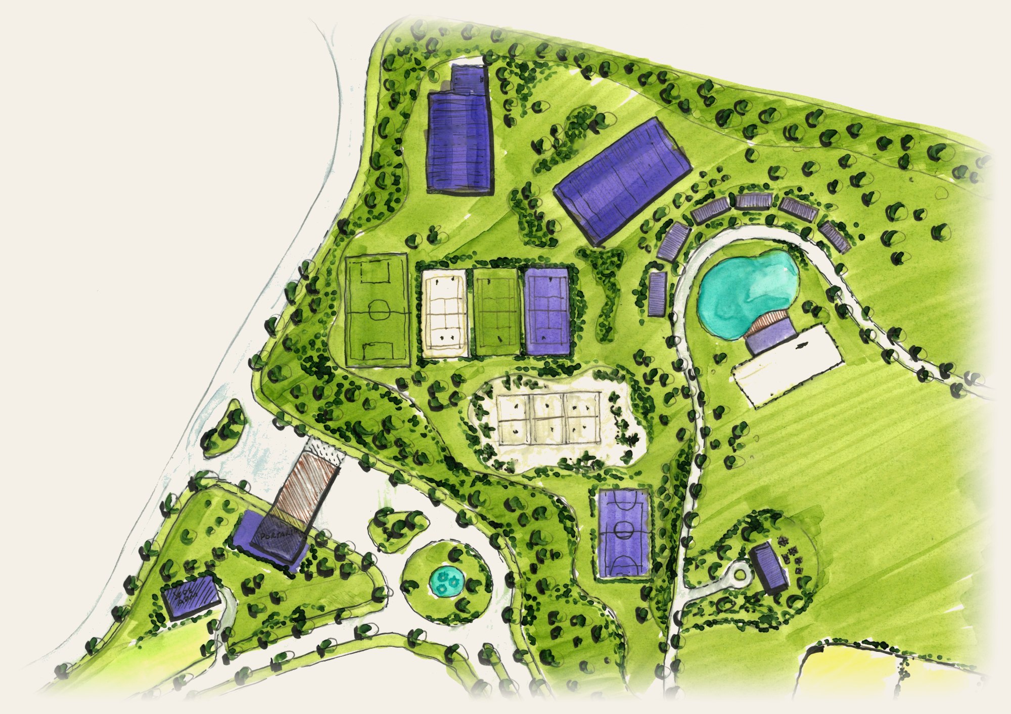 Planta desenhada à mão da portaria, da hípica e das áreas de lazer do Heritage Riviera, com quadras, lago e caminhos entre a mata