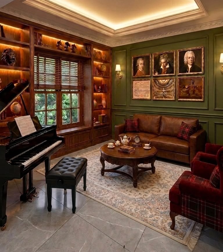 Sala de música com piano de cauda, estante de madeira iluminada, paredes verdes com retratos de compositores, sofá de couro e poltronas em xadrez vermelho